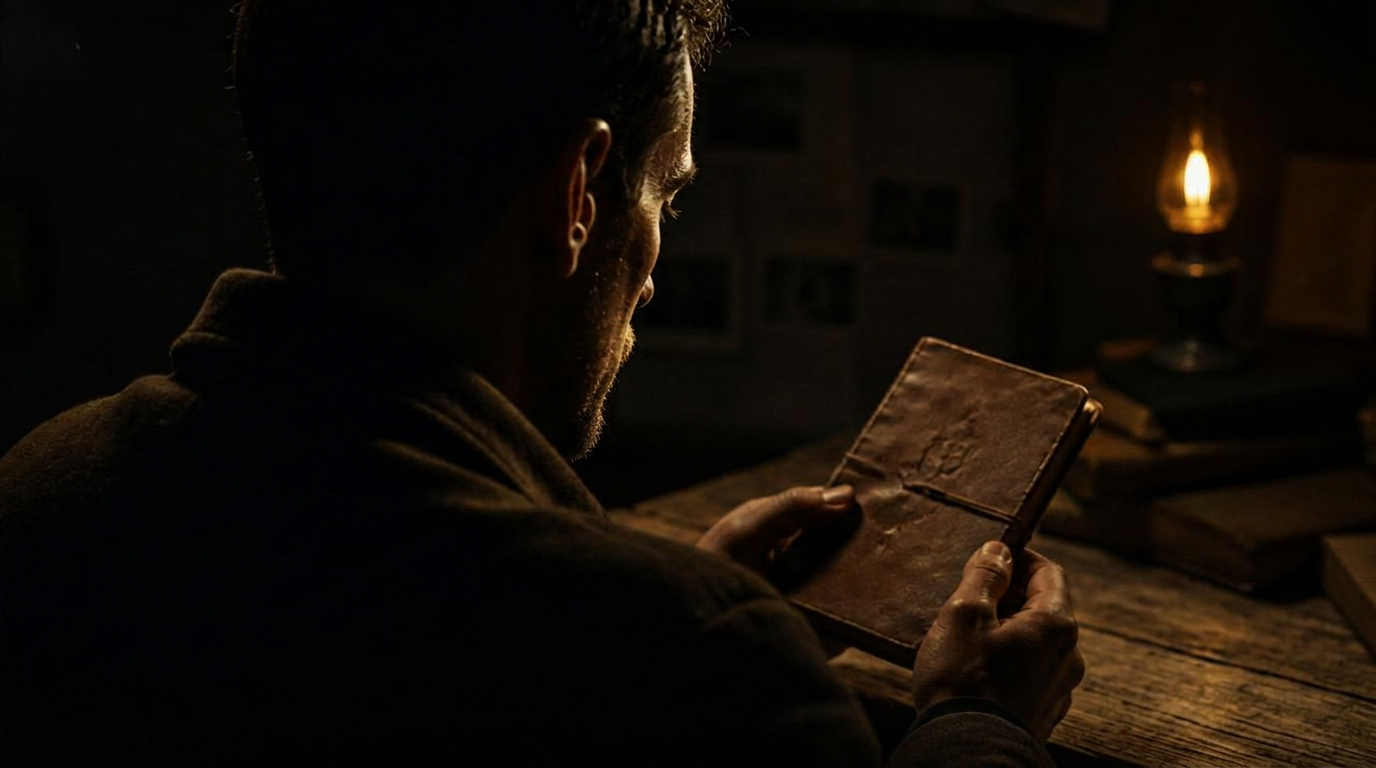 Homem observando um antigo manuscrito de couro à luz de vela